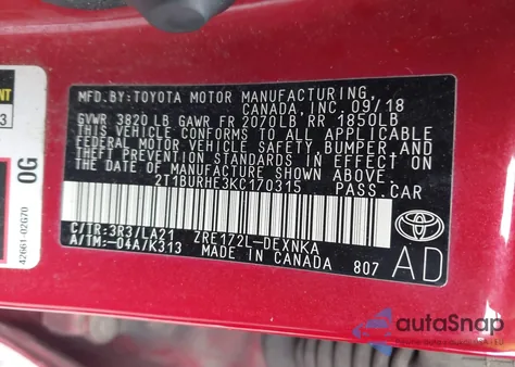 2019 Toyota Corolla Xle z USA, uszkodzony, nr VIN 2T1BURHE3KC170315